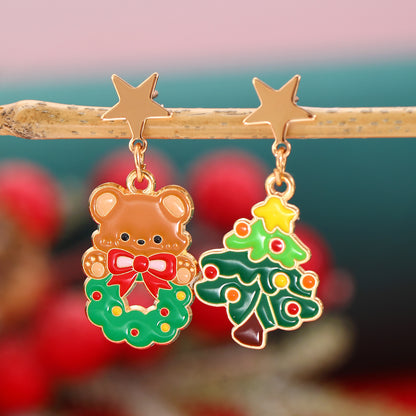 Fashionable Asymmetric Cartoon Dripping Oil Christmas Elk Earrings